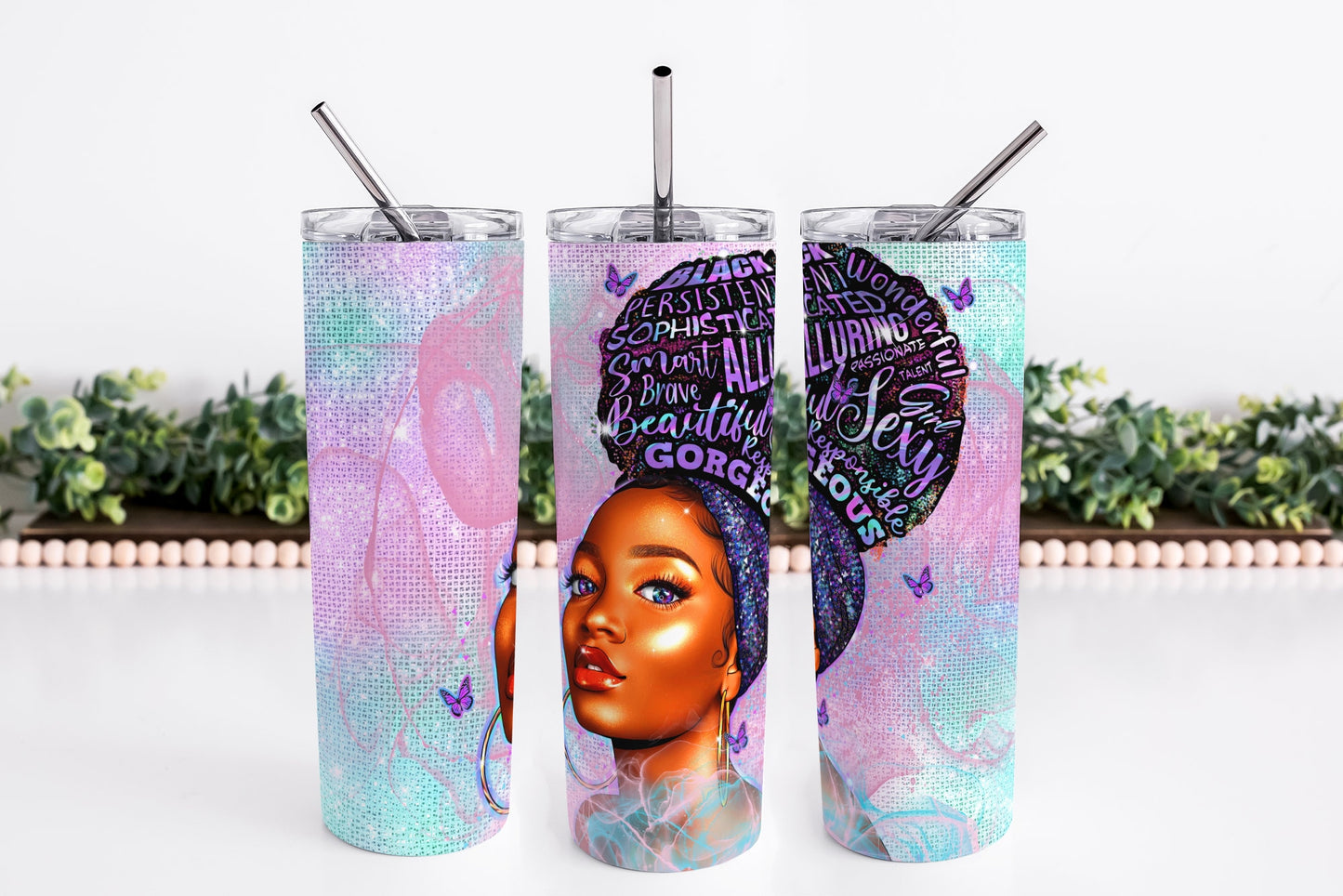 AFRICAN AMERICAN WOMAN, Beautiful Black Lady Afro Queen Tumbler, Black Queen, Afro Woman Tumbler, Stainless Steel 20oz Skinny Tumbler