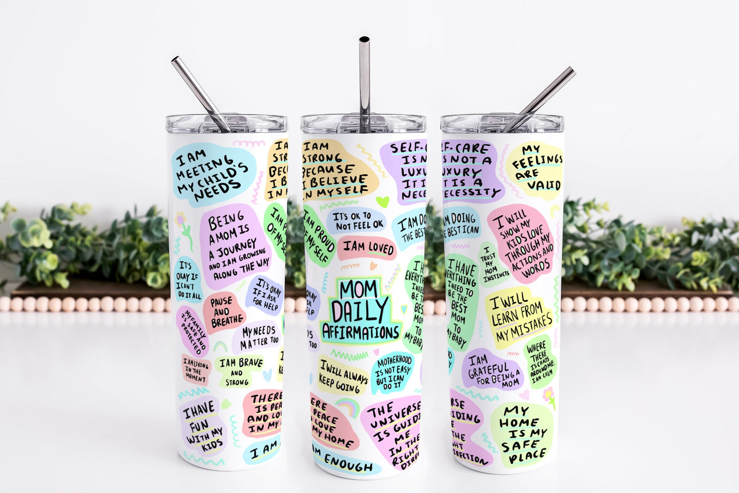 Mom Daily Affirmation Tumbler, Gift For Mom, Mom Affirmation Tumbler, 20oz Skinny Tumbler, Stainless Steel, Lid +Straw, Tumbler Gift For Mom