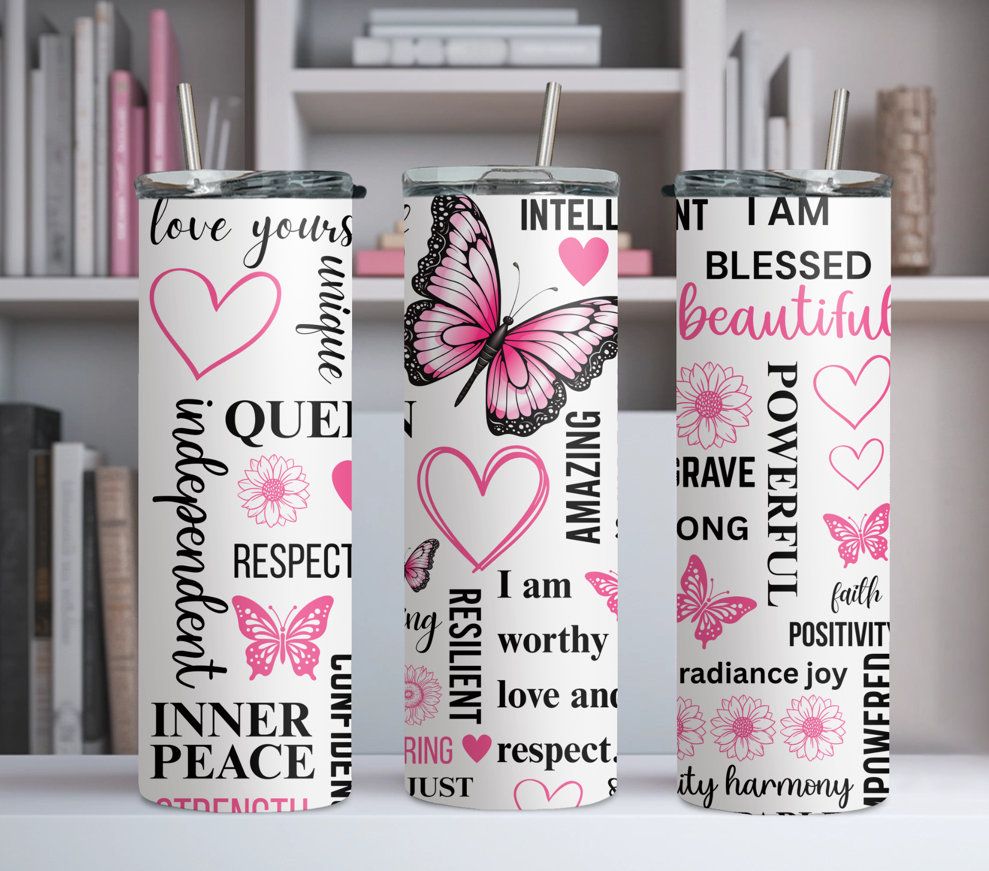 Affirmation Tumbler w/ Pink & Black Butterfly