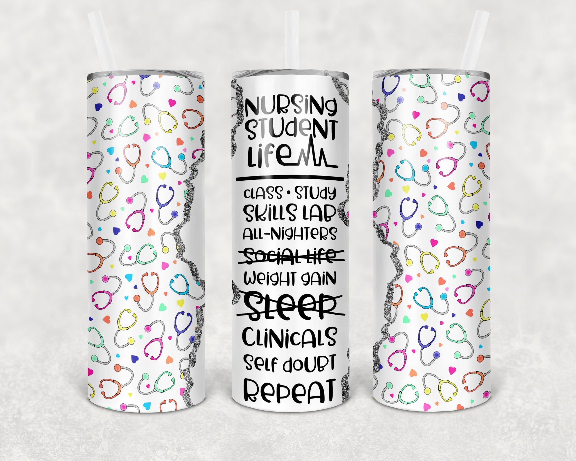 Nursing Student Life 20oz Skinny Tumbler, Gifts for Nursing Students, nursing School, Future Nurse, Student, Nurse, Lid & Straw