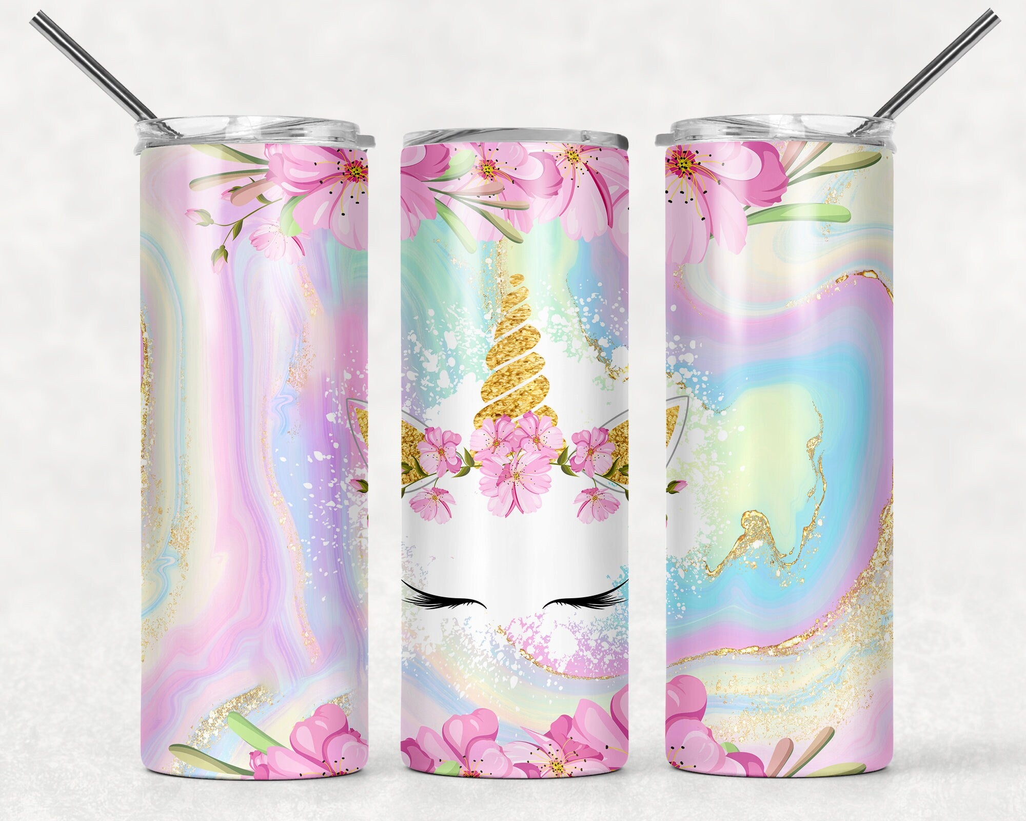 Personalized 20oz Unicorn Skinny Tumbler, Gifts For Kids, Birthday Gift, Lid & Straw, Stainless Steel, Sublimation