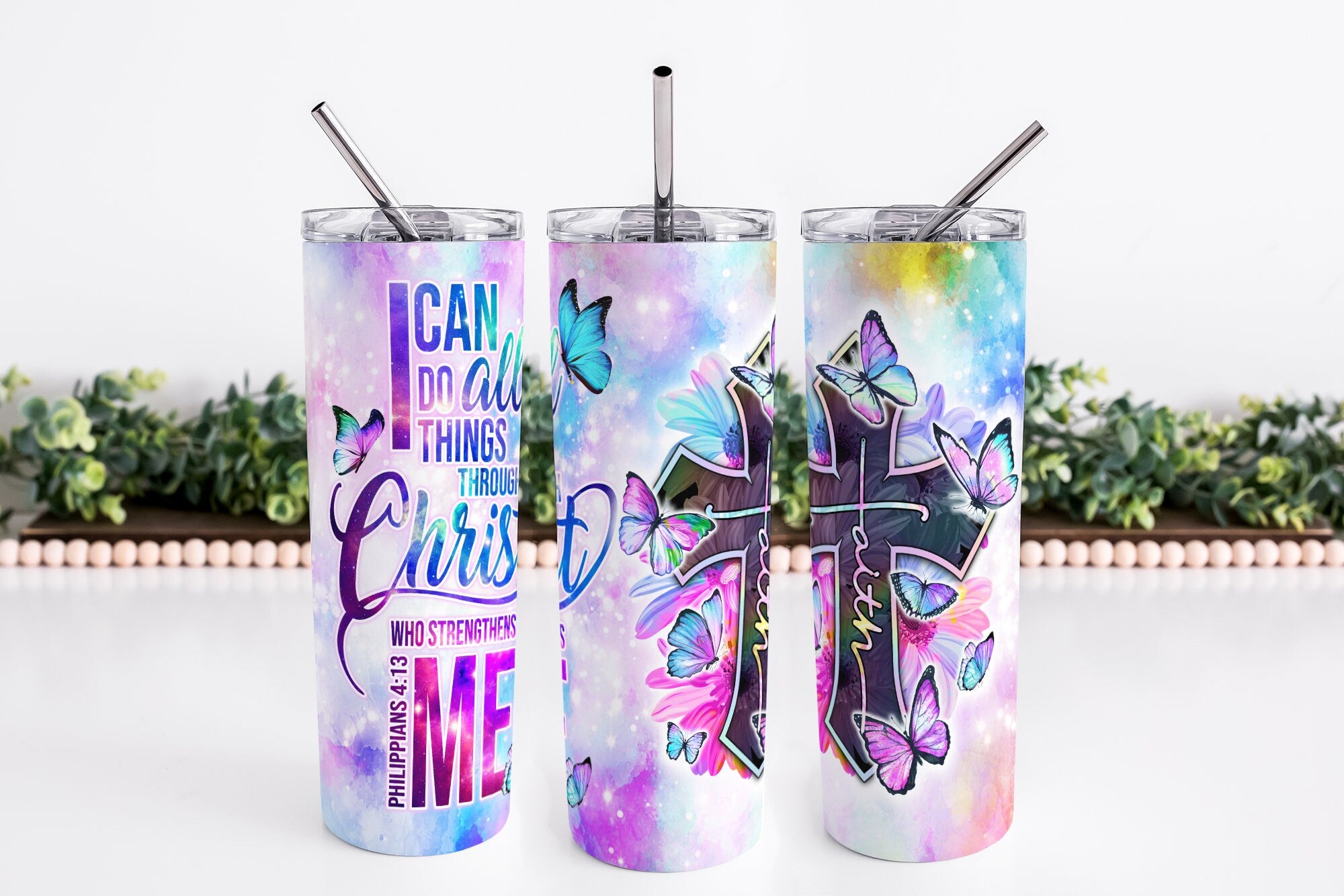 I Can Do All Things Through Christ 20oz Skinny Tumbler, Christian Tumbler, Stainless Steel, Straw & Lid, Inspirational Tumbler,