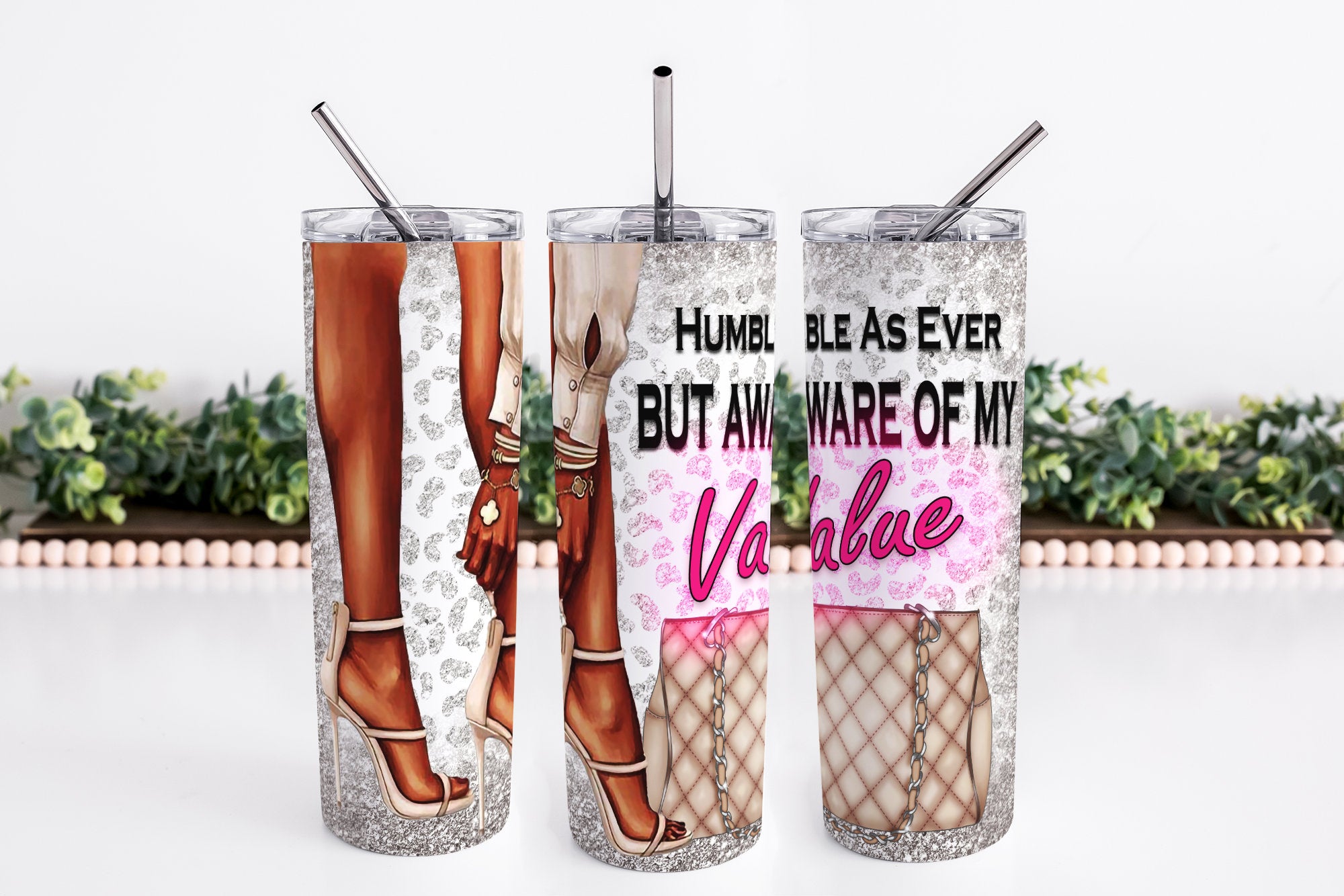 High Heels 20oz Skinny Tumbler, Tumbler Designer Bag, Black Girl Woman, Motivational Quote, Sublimation