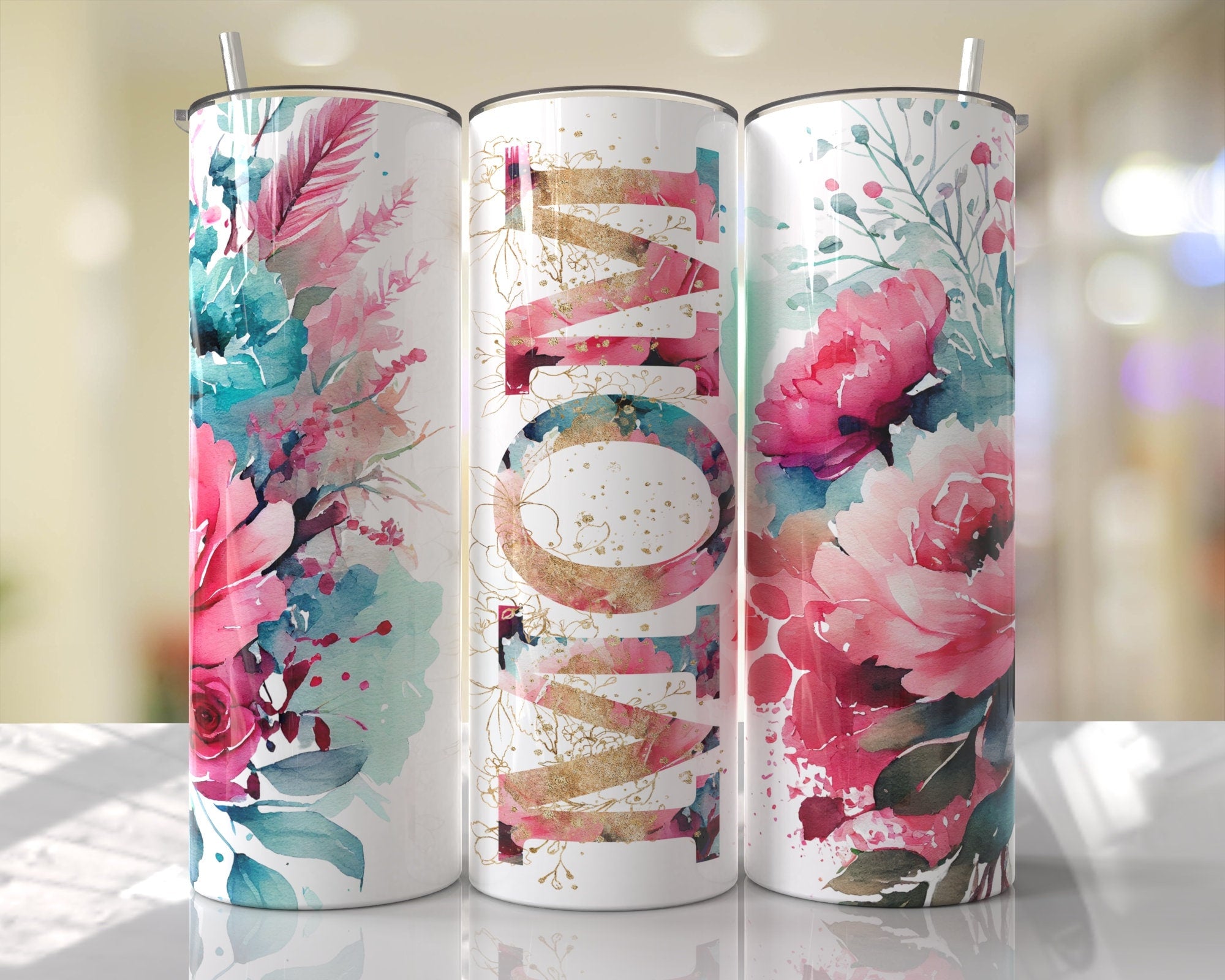 Mom 20oz Floral Skinny Tumbler, Mother's Day Tumbler, Mother's Day Gift, Birthday Gift, Floral Tumbler