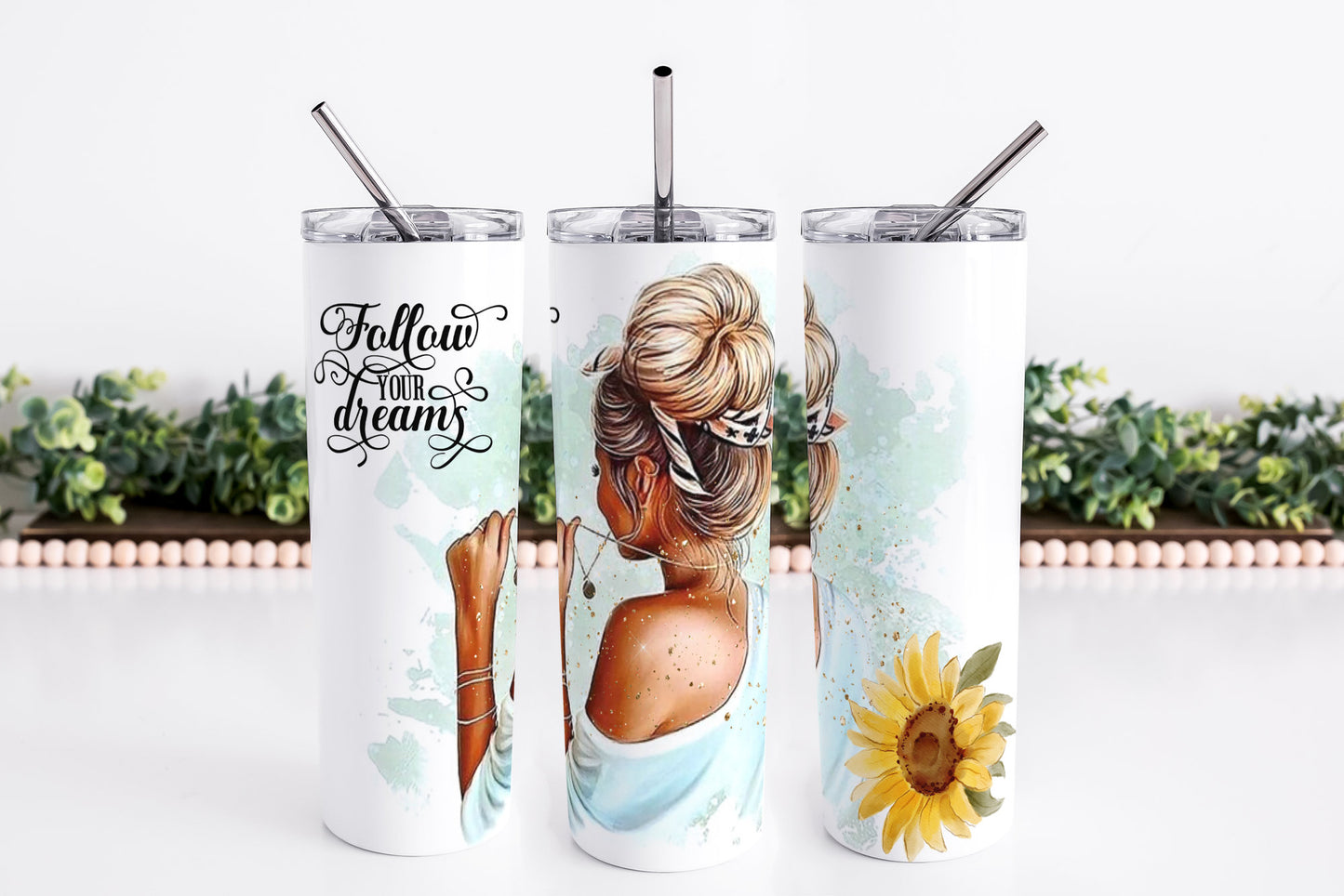 Personalized Follow your dreams 20oz Skinny Tumbler, Dreams Tumbler, Sunflower Tumbler