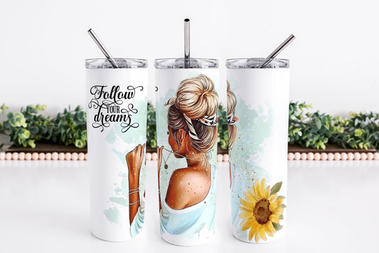 Personalized Follow your dreams 20oz Skinny Tumbler, Dreams Tumbler, Sunflower Tumbler