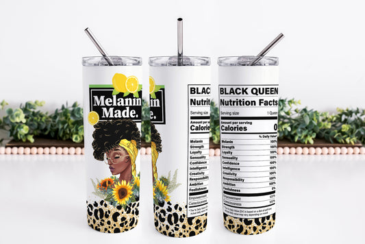 Melanin Made 20oz Skinny Tumbler, Coffee Lover Tumbler, Stainless Steel, Lid & Straw, African American Women