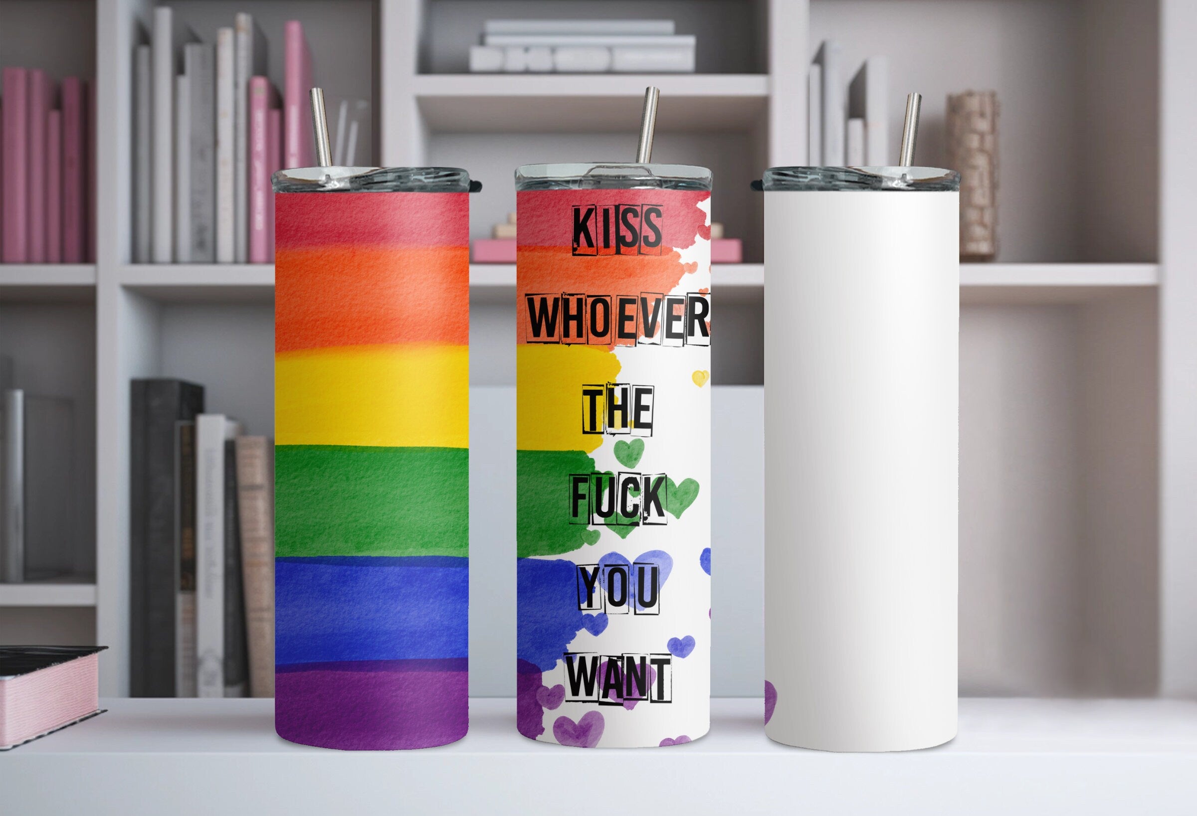 Pride 20oz Skinny Tumbler,Kiss Whoever The F You Want, Stainless Steel, Double Walled, Lid & Straw Included Made for Hot and Cold Drinks